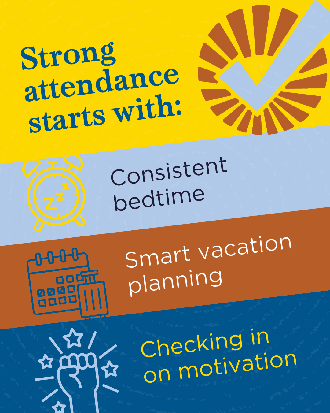 Strong attendance starts with: consistent bedtime, smart vacation planning, checking in on motivation