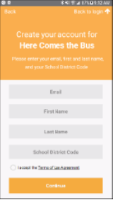 Create your account for Here Comes the Bus screen