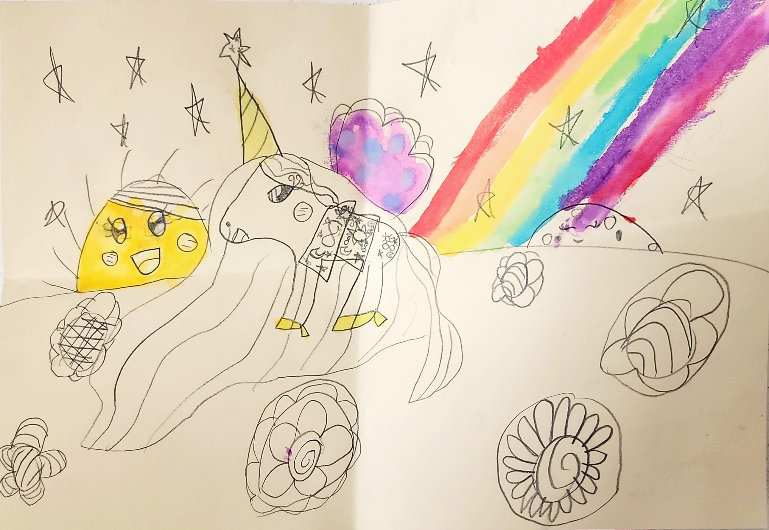 A whimsical unicorn picture painted by a student.