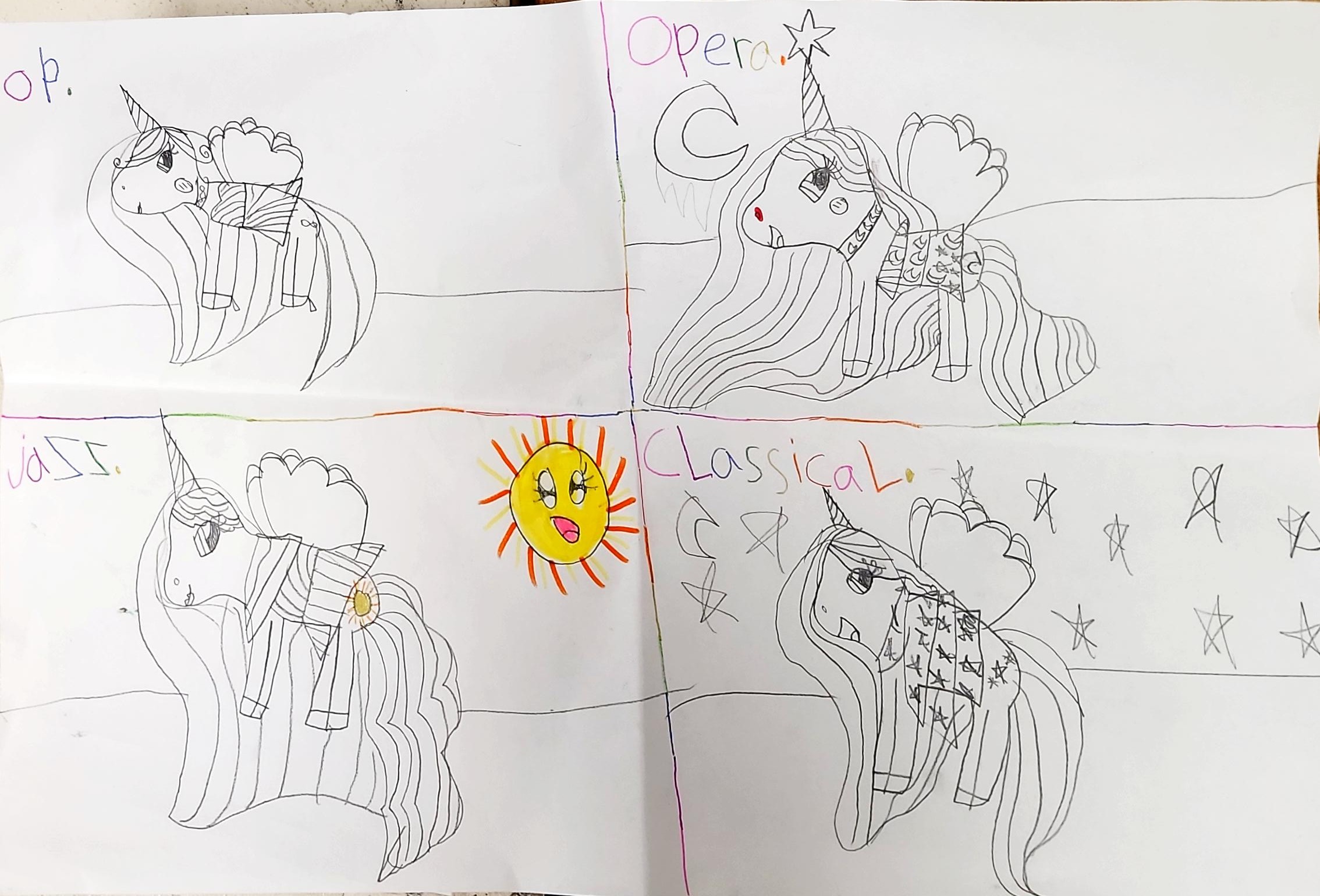 One paper with four drawings made by student while listening to different types of music, opo, opera, jazz and classical.