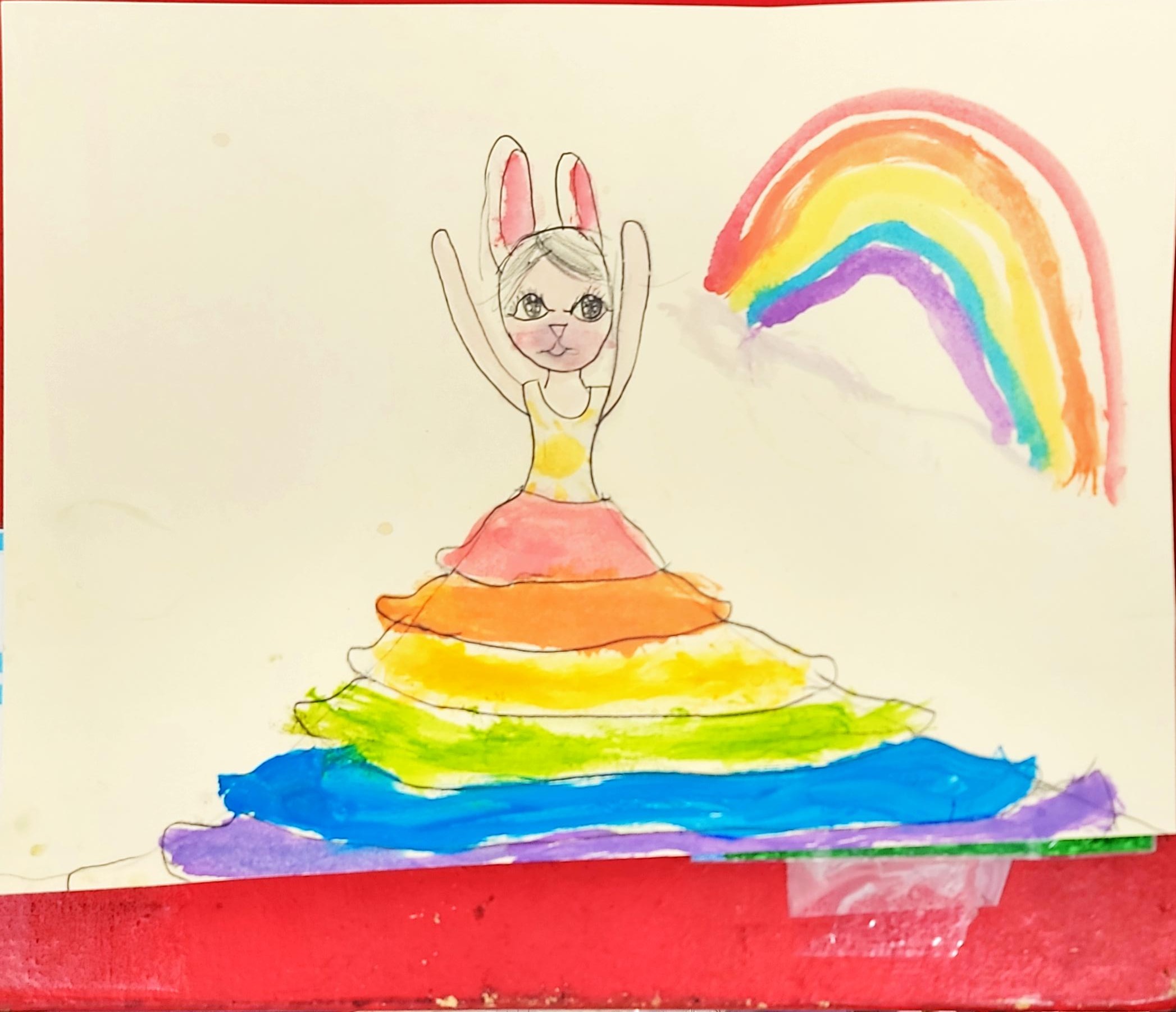 A watercolor picture of a dancing female rabbit wearing a dress.