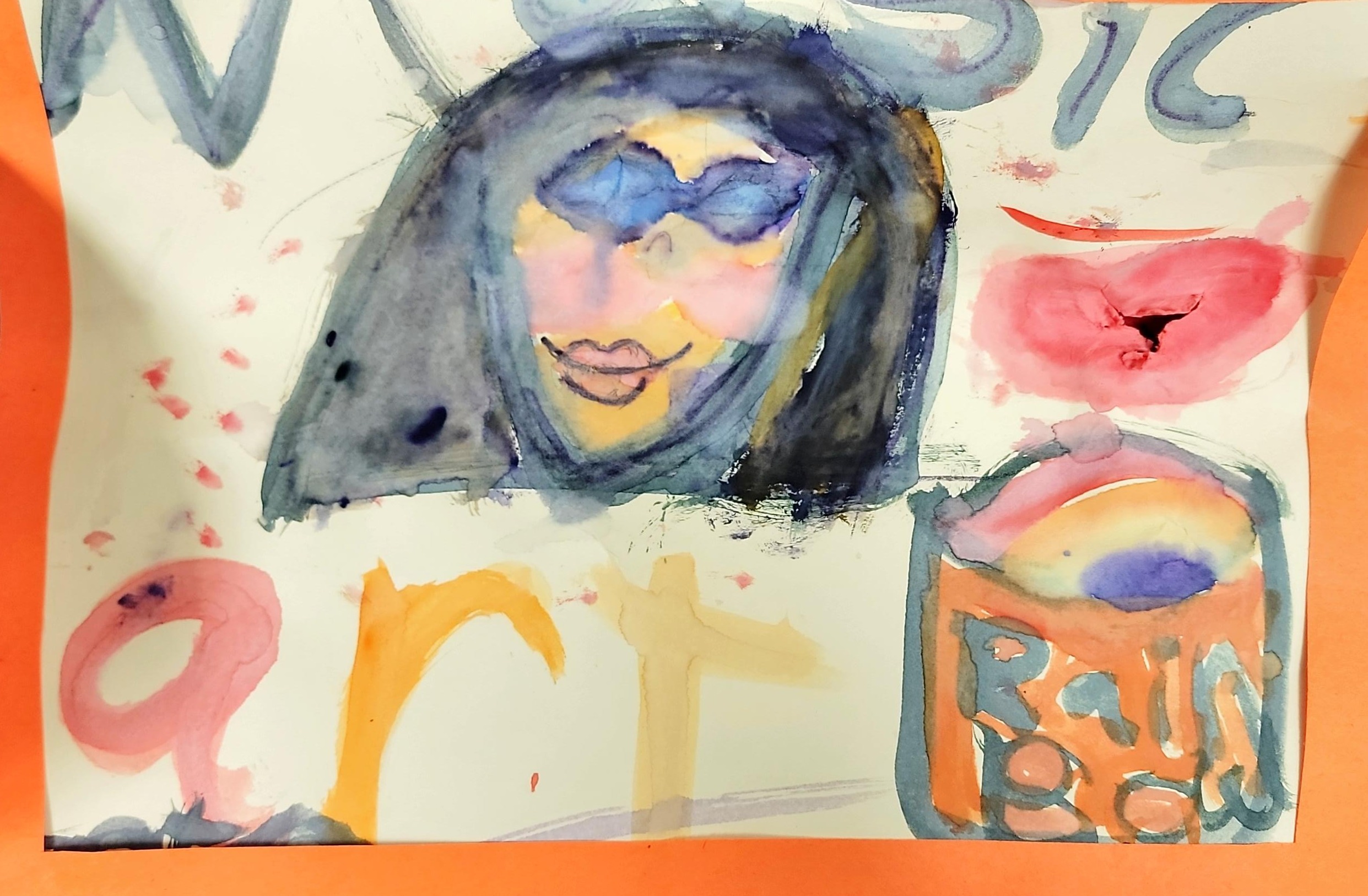 A watercolor drawing of a person's head looks to be female wearing sun glasses with words art and rainbow..