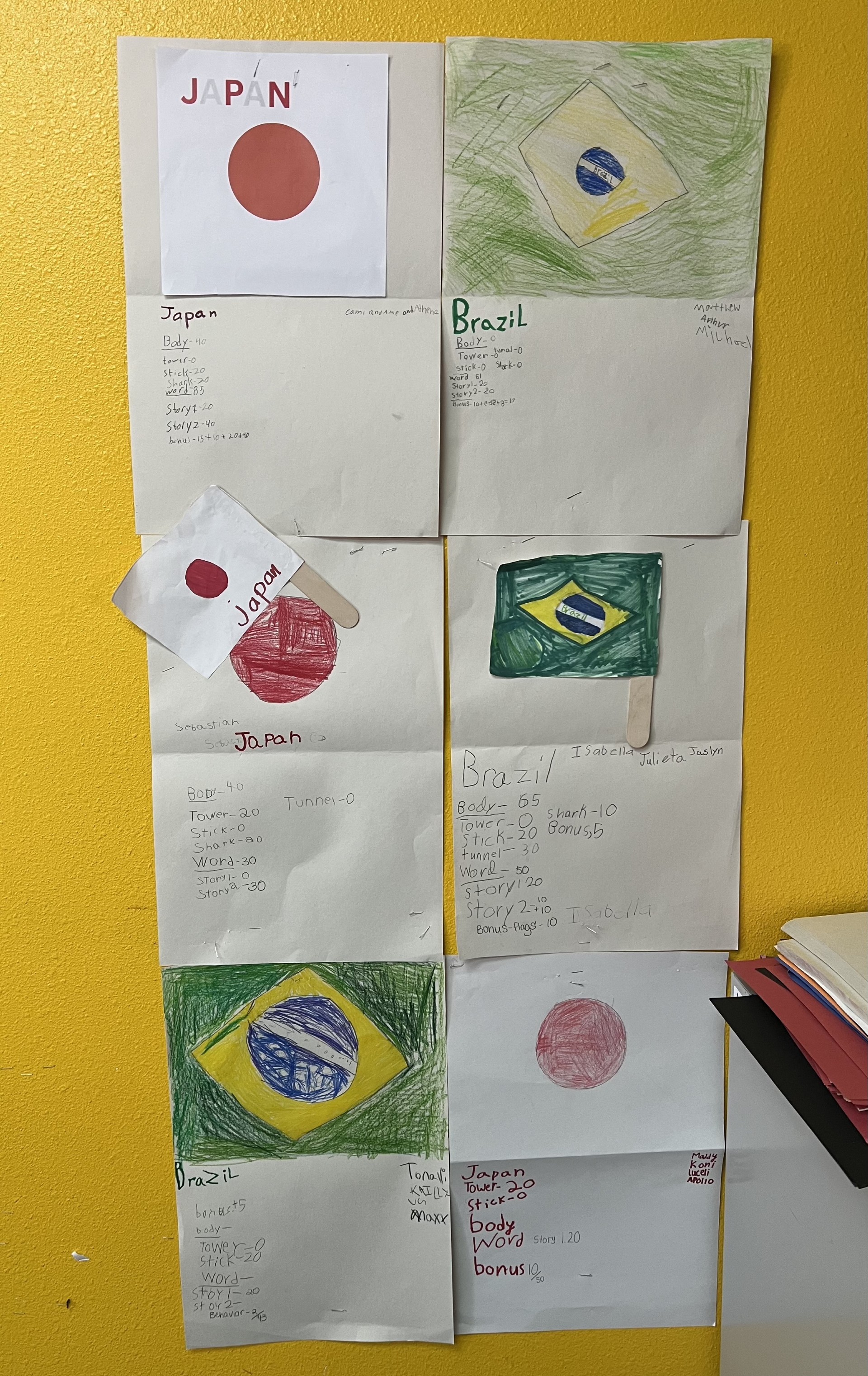 Image shows student drawings of flags for our unit Olympics of the Mind.