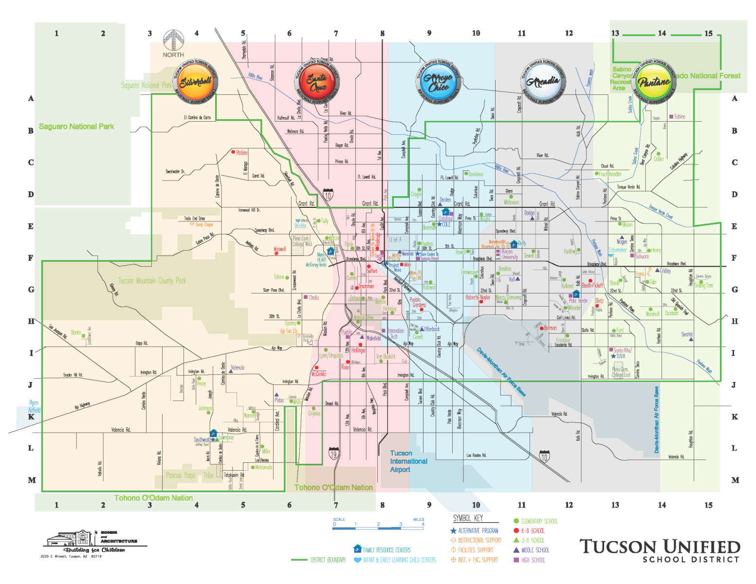 Color version of attendance boundary map showing the regions of Tucson Unified School District. 