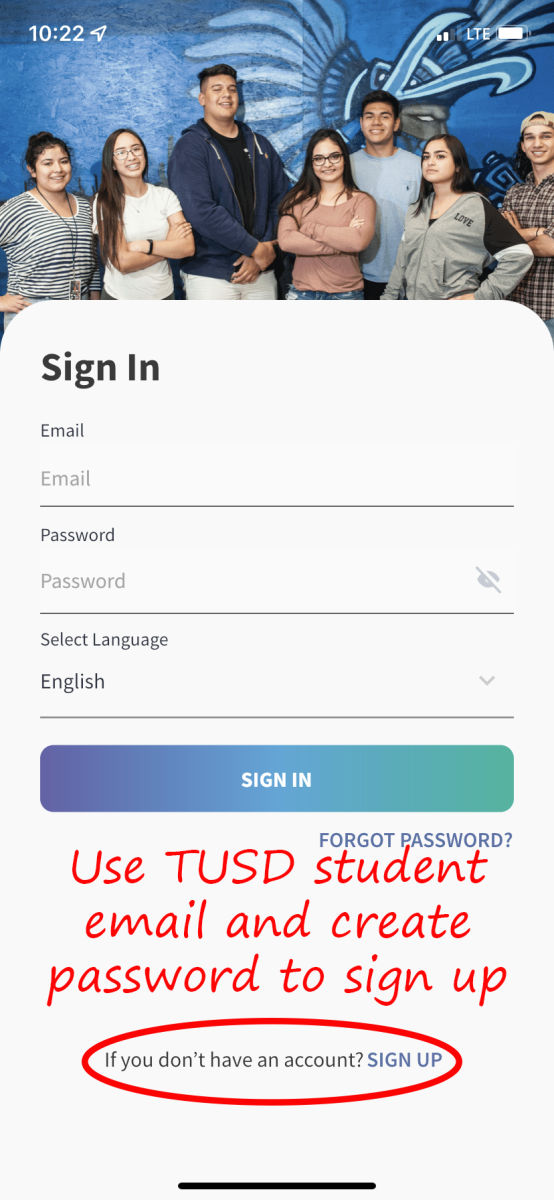 Tucson Unified Connect App sign in page screenshot. Use TUSD student email and create password to sign up.