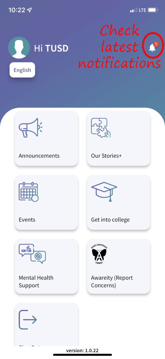Tucson Unified Connect App home page screenshot. Check latest notifications by clicking on white bell icon in top right corner of the screen.