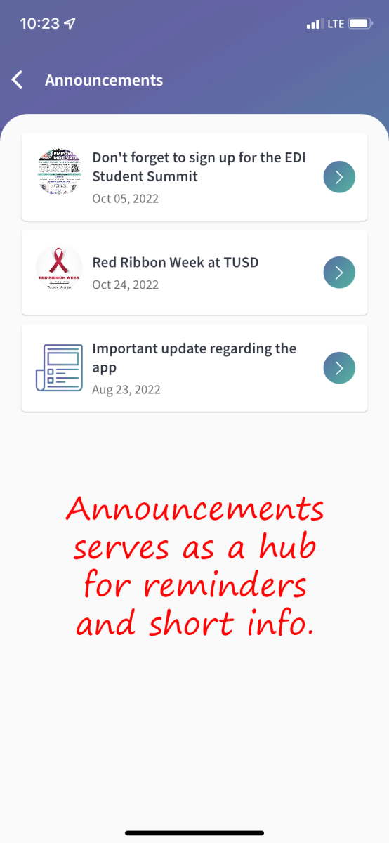 Tucson Unified Connect App Announcements page screenshot. Announcements serves as a hub for reminders and short info.