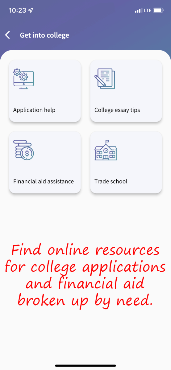 Tucson Unified Connect App Get into College page screenshot. Find online resources for college applications and financial aid broken up by need.