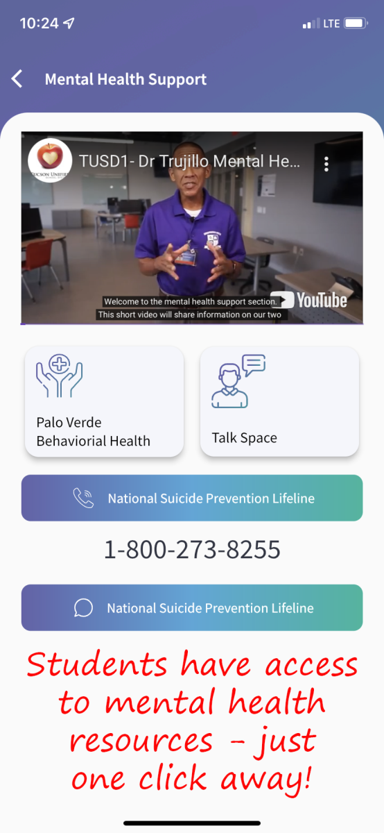 Tucson Unified Connect App Mental Health Support page screenshot. Students have access to mental health resources - just one click away!