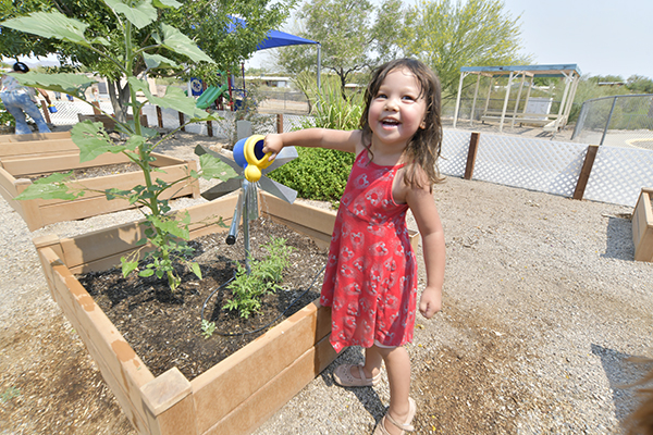 A little girl in a red dress waters a plant in the garden