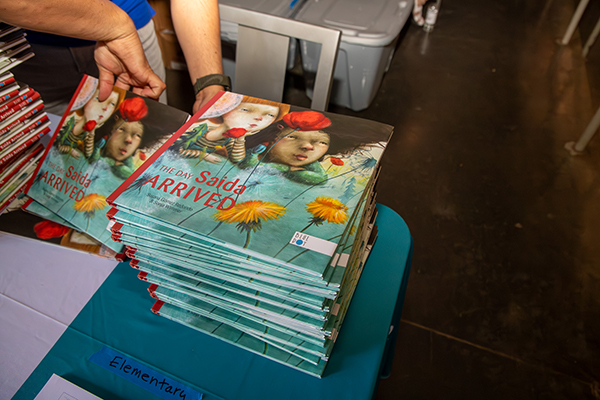 A stack of books with the title The Day Saida Arrived