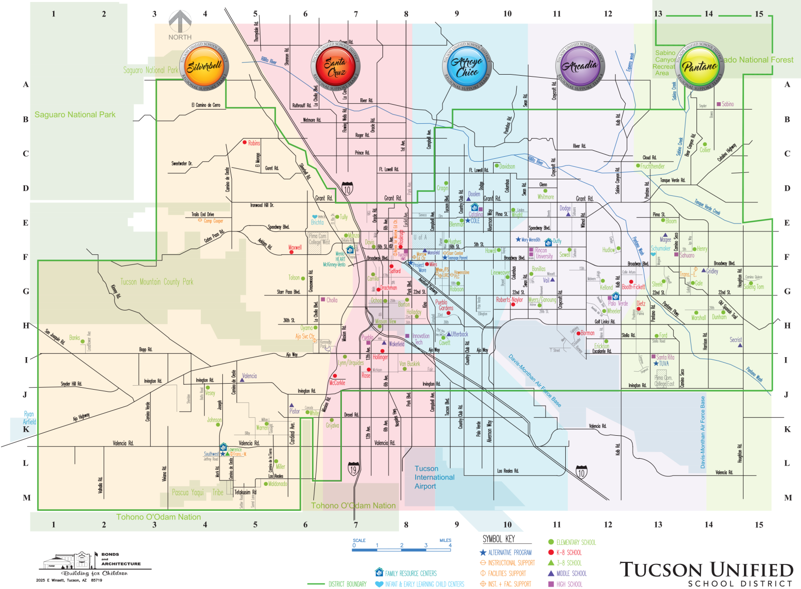 Color version of attendance boundary map showing the regions of Tucson Unified School District. 