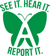 See It. Hear It. Report It. Green butterfly logo for Awareity online reporting system.
