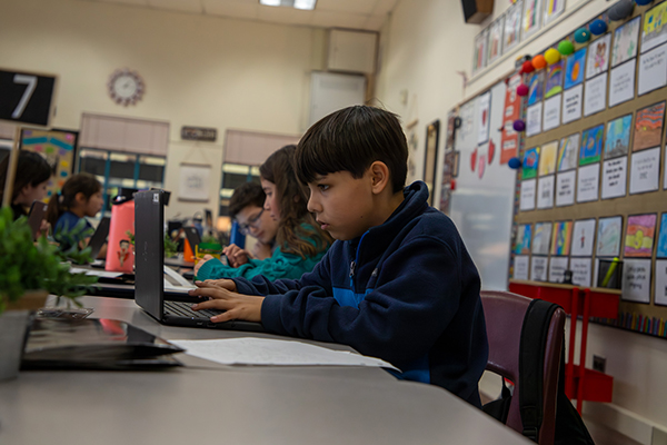 Elementary students work on their laptops in class