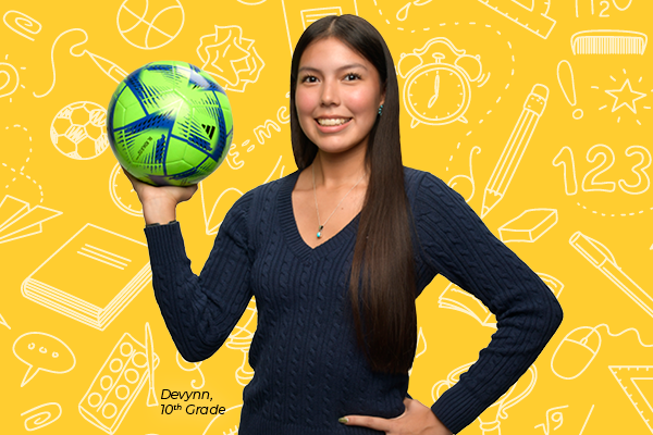 A teen girl holds a volleyball on a yellow background