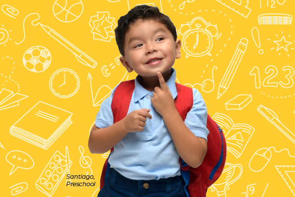 A young boy with a red backpack on a yellow background