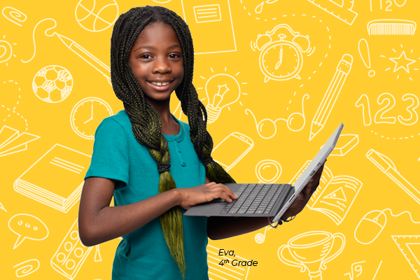 A young girl smiles holding a laptop on a yellow background