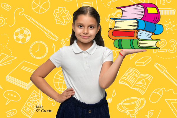 A girl holds a stack of books on a yellow background