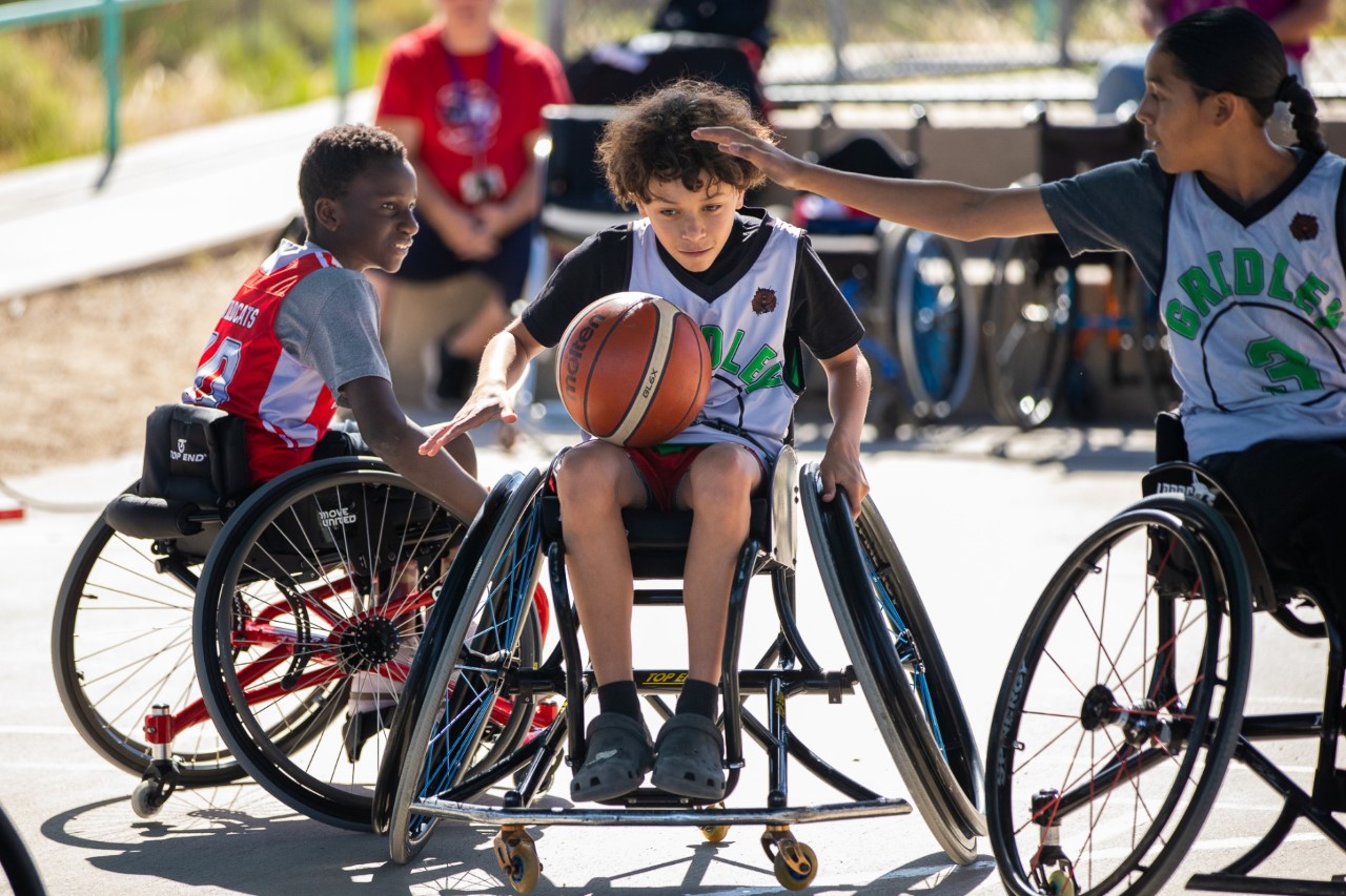 Gridley Middle School students participate in a wheelchair basketball game, thanks to a generous $50,000 grant from the Hartford.