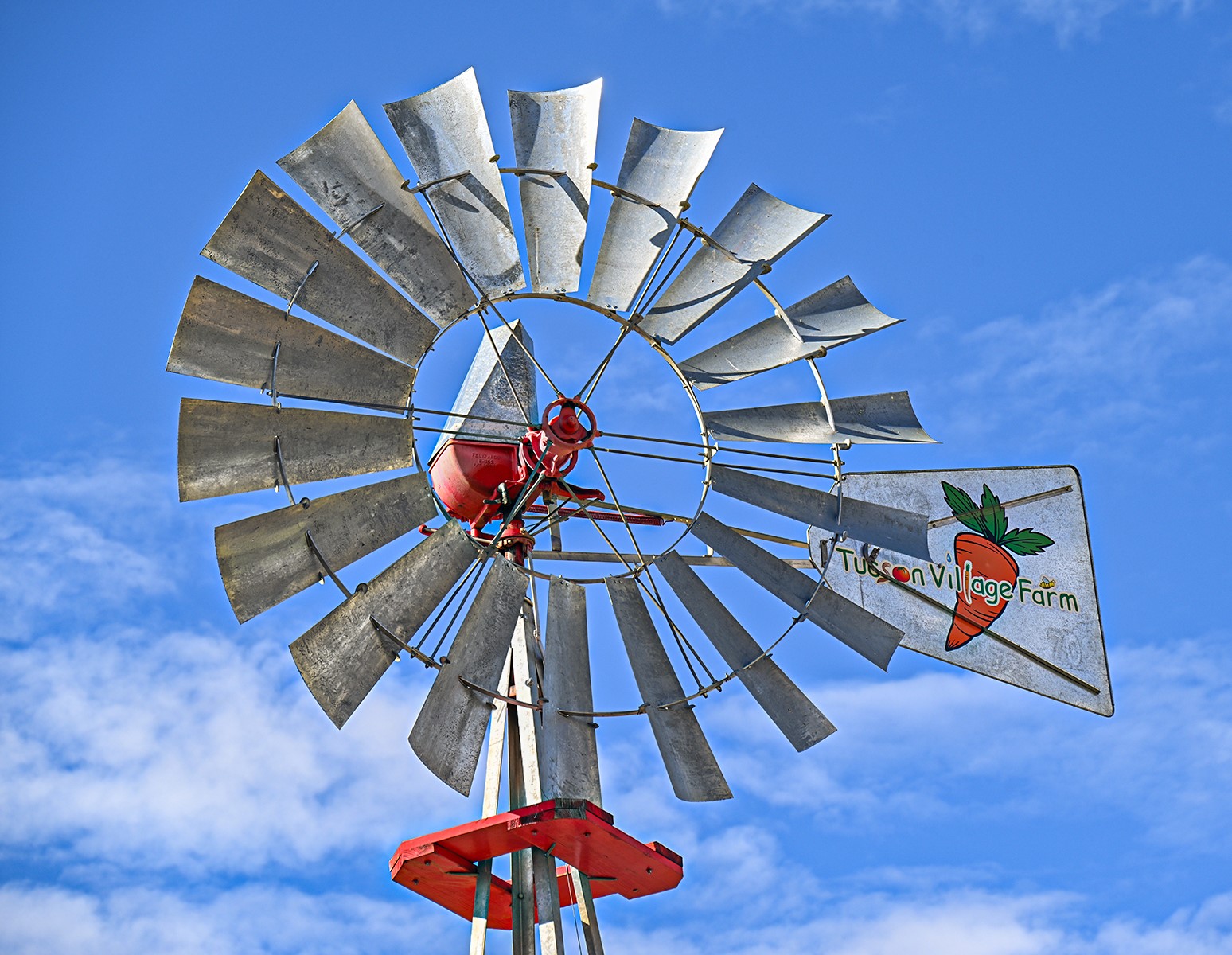 A closeup of a windmill at Tucson Village Farm.