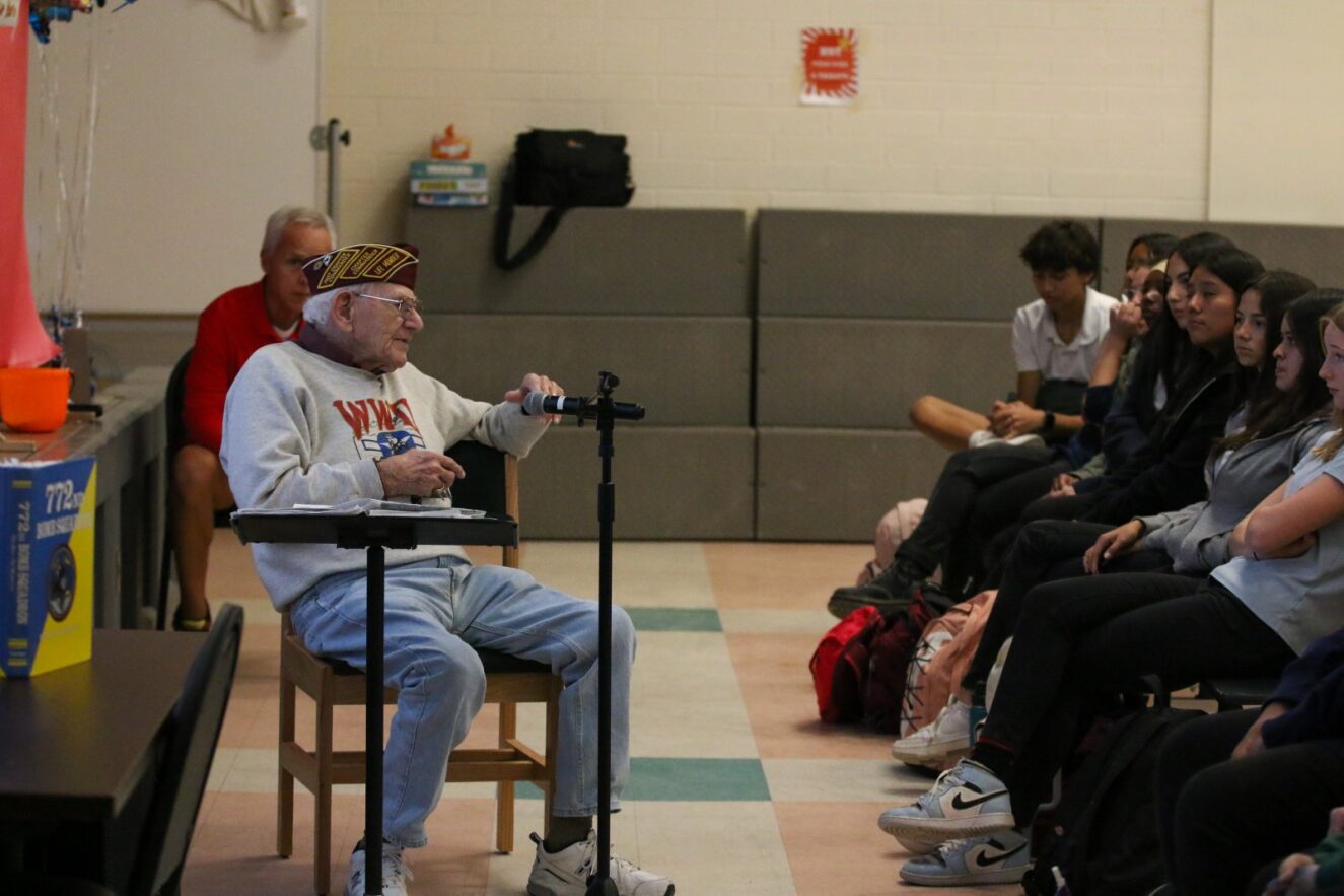 First Officer Harvey Horn shares his WWII experience with Dodge students