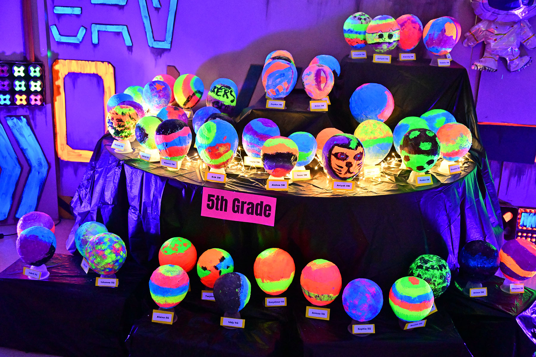 Glow art 5th graders with colorful orbs