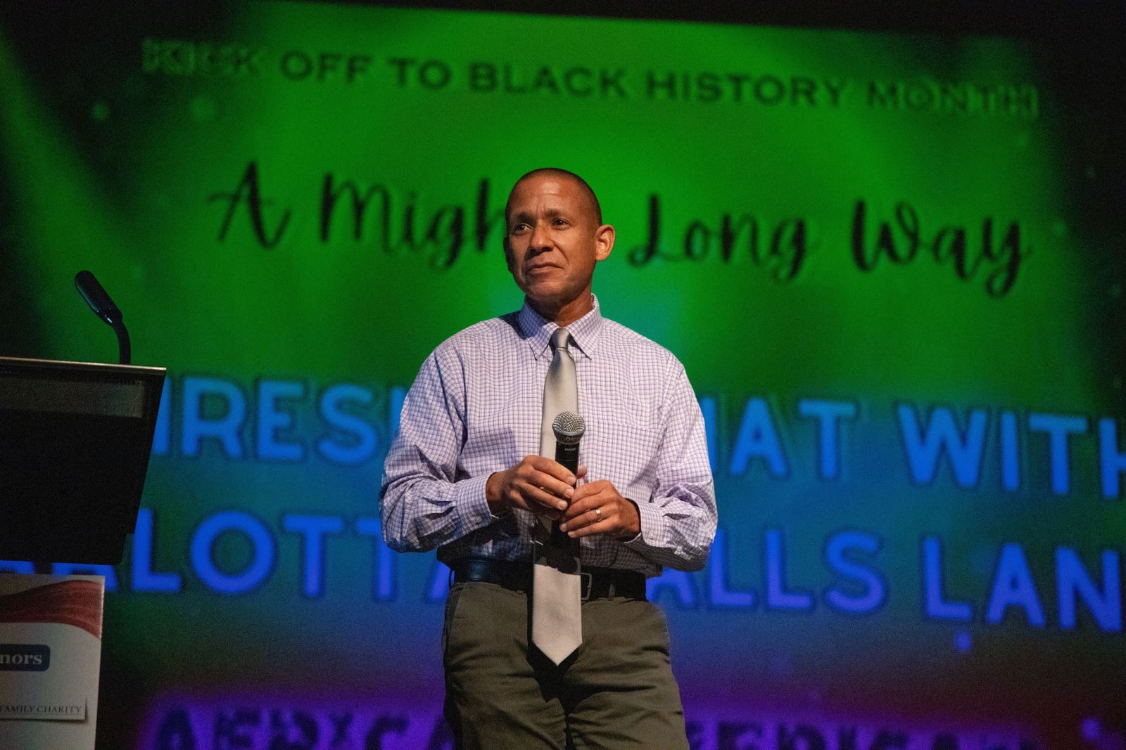 Dr. Trujillo looks out at the audience at the Black History Month kickoff event